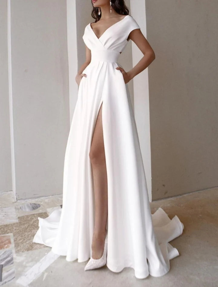 Wholesale A Line/Princess V-Neck Cap Sleeve Wedding Dresses Sweep / Brush Train With Split Front